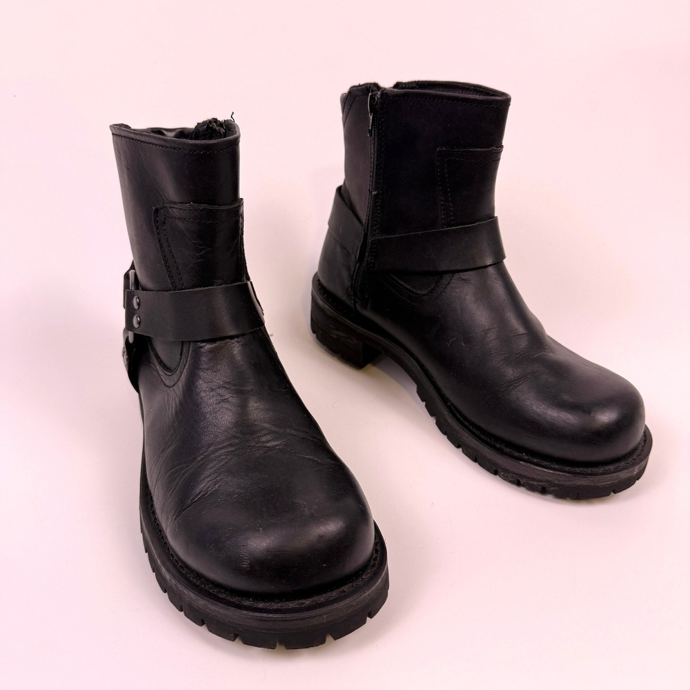 VTG Skechers Harness Leather Boots Mens 9.5 Black Biker Goth Punk Grunge 60156